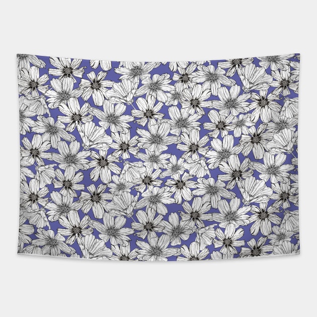 White Cosmos flowers on Very peri blue Tapestry by Artbyruthandco