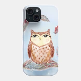 Watercolor cute owl and feathers. Phone Case