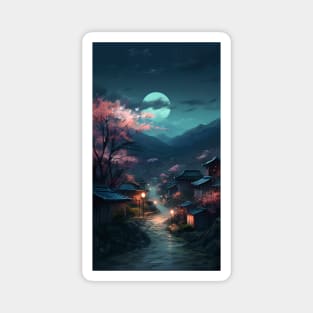 Serene Japanese Village with Cherry Blossoms under the Moonlight Painting Magnet