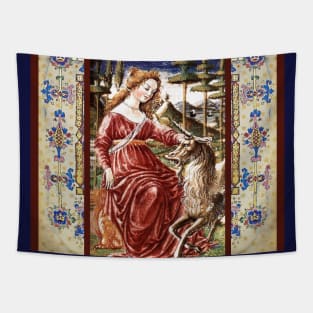 LADY AND UNICORN WITH MEDIEVAL FLORAL MOTIFS Tapestry