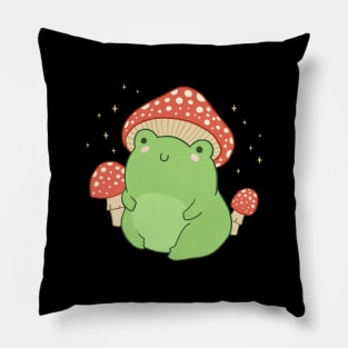 Cute Green Frog in Toadstool Hat, Chubby Cottagecore Aesthetic Frogge Pillow