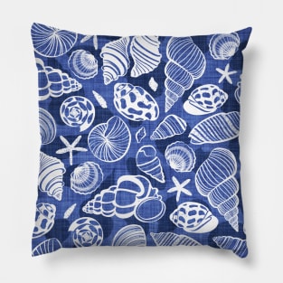 Sea treasures // pattern // electric blue faux texture background catalina blue shadows white delineated seashells Pillow