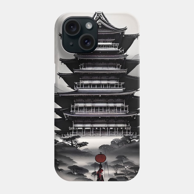 Japanese temple with monk,sumi-e ink painting Phone Case by Ravenglow
