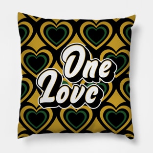 One Love Retro Hearts - black, green, gold, on gold Pillow