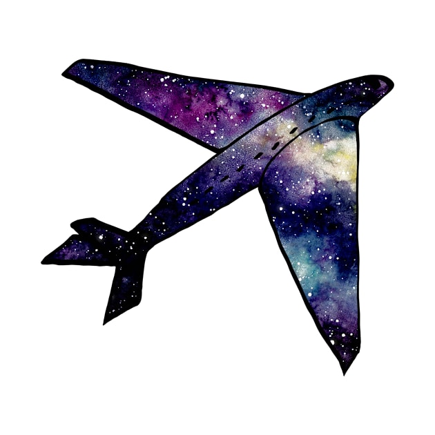 Watercolor Outer Space and Airplane by Cordata