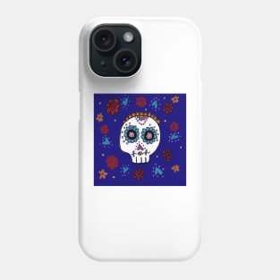 Sugar Skull and Roses blue background Phone Case