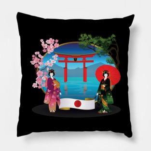 Geishas with Flag of Japan and Sakura Pillow