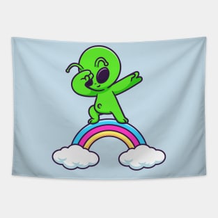 Cute Alien Dabbing On Rainbow Cartoon Tapestry