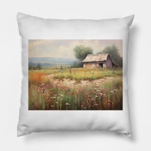 Old House in Meadow Flowers Pillow