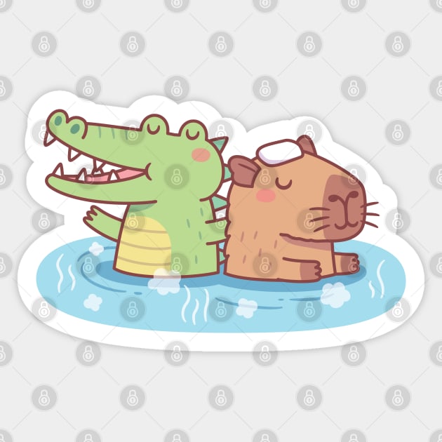 Funny Crocodile And Capybara Chilling In Hot Spring