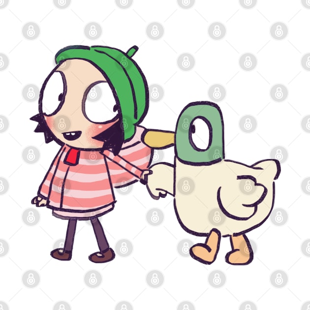 sarah and duck holding hands / children cartoon by mudwizard