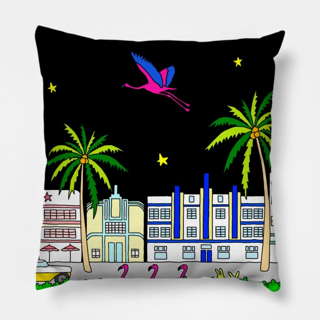 Miami South Beach in Neon Pillow by lamaisondulapino