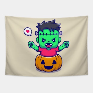 Cute Frankenstein With Pumpkin Halloween Cartoon Tapestry