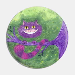 Smiling Cheshire Cat on a Tree Branch Digital Illustration Pin