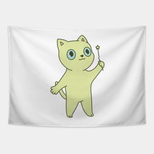 Cute green cat illustration magic wand Tapestry