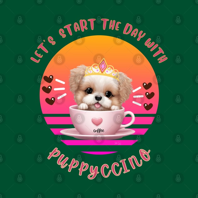 Let's start the day with puppyccino (cappuccino) princess poodle puppies in a coffee cup, pun art by KIRBY-Z Studio