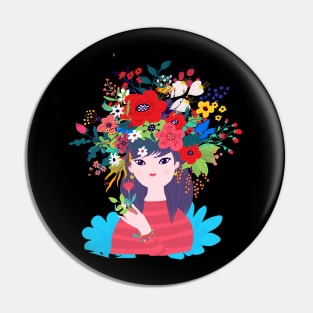 Spring Girl Flower Illustration Pin