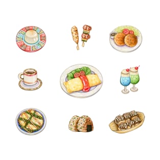 Japanese Food Illustration Menu ( Food Pack 日本美食 ) - Pudding, Yakitori, Croquette, Siphone Coffee, Omelette Rice, Melon Soda, Negiyaki, Grilled Rice Ball, Takoyaki T-Shirt