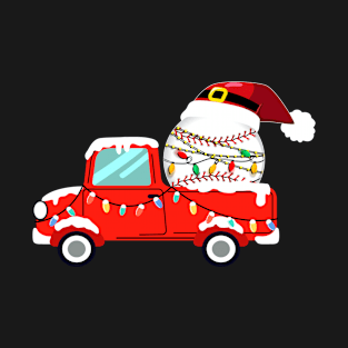 Christmas Baseball Ball Santa Hat tree light truck Funny Sports Xmas T-Shirt