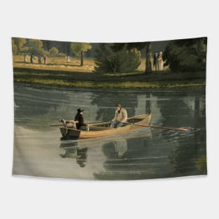 Men fishing in a lake with boat and dog Tapestry