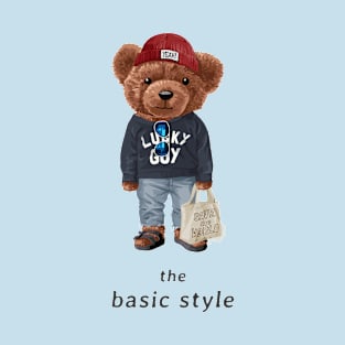 The Basic Style Slogan With Bear in Lucky Guy Sweater And Red Yeah! Hat T-Shirt