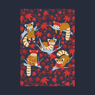 Red panda blending with the foliage // navy background desert sun brown cozy animals fog blue tree branches red acer leaves T-Shirt