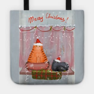 Merry Christmas greeting winter card with cute fluffy cats in red Santa hats and scarves Tote