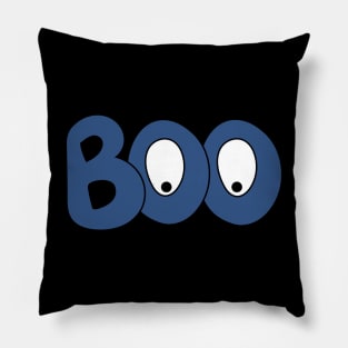 BOO text art blue bubble letters with cartoon eyes Pillow