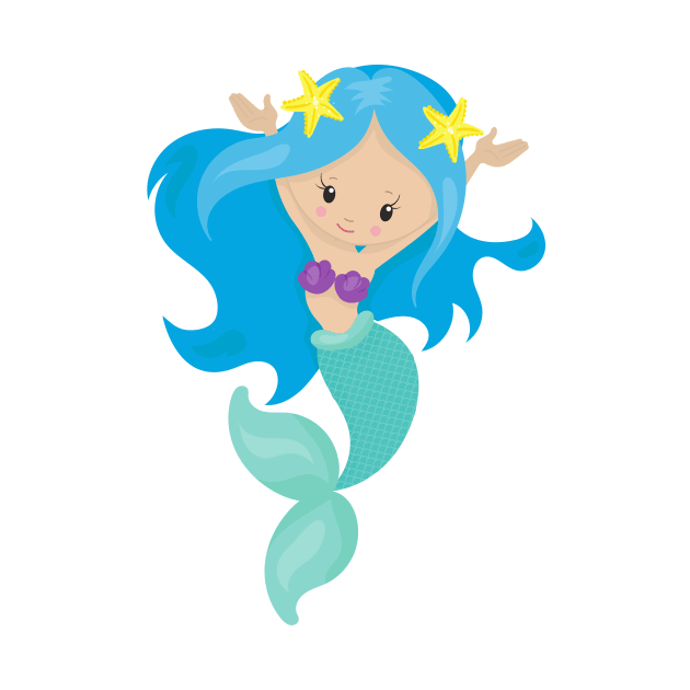 Cute Mermaid, Little Mermaid, Starfish, Blue Hair by Jelena Dunčević