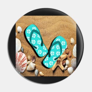 Beach Lover Vibes, Flip Flops, Sand & Seashells Ocean Pin