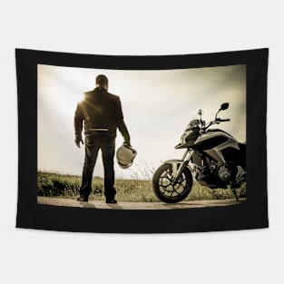 Biker on a misty sunset Tapestry