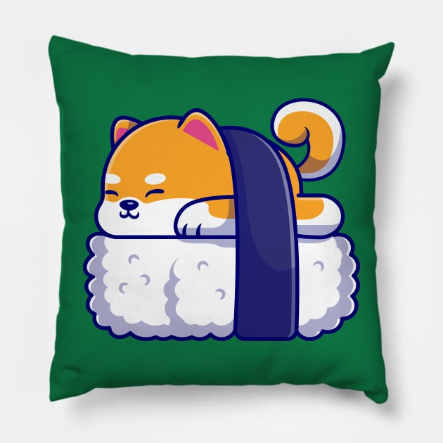Cute Shiba Inu Dog Sushi Cartoon Illustration Pillow by Catalyst Labs