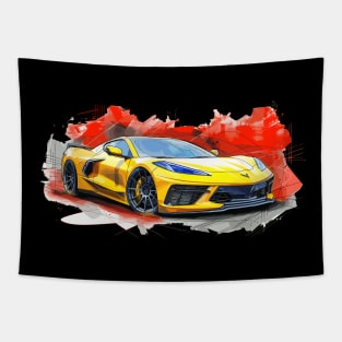 Accelerate Yellow C8 Corvette Tech Drawing Style Red Background Supercar Sportscar Racecar Muscle Car Corvette C8 Tapestry