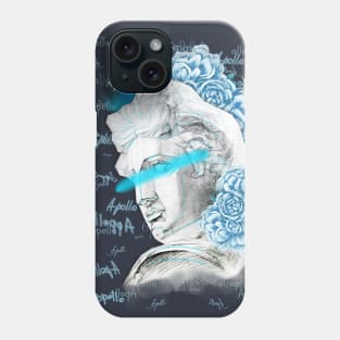 Apollo head statue with a blue peony flowers and buds on a black background. Phone Case