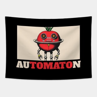 "auTOMATOn" Tomato Robot Pun Brutalism Tapestry
