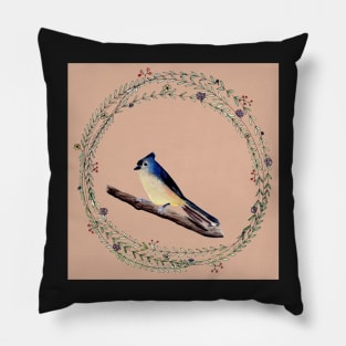 Whimsical bird with watercolor wreath1 Pillow