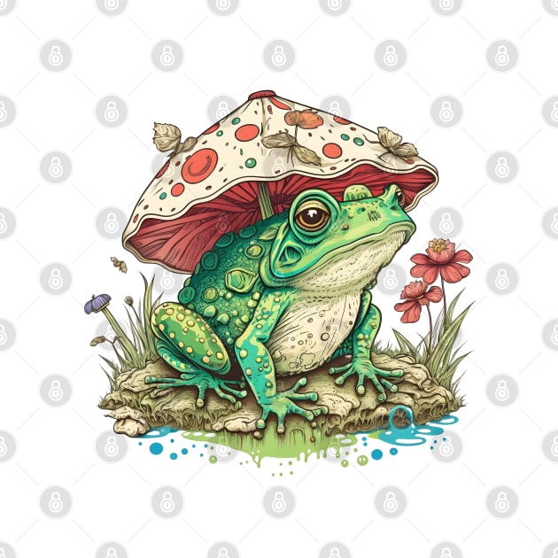 Cottagecore Aesthetic Frog under Mushroom Vintage by Ai Wanderer