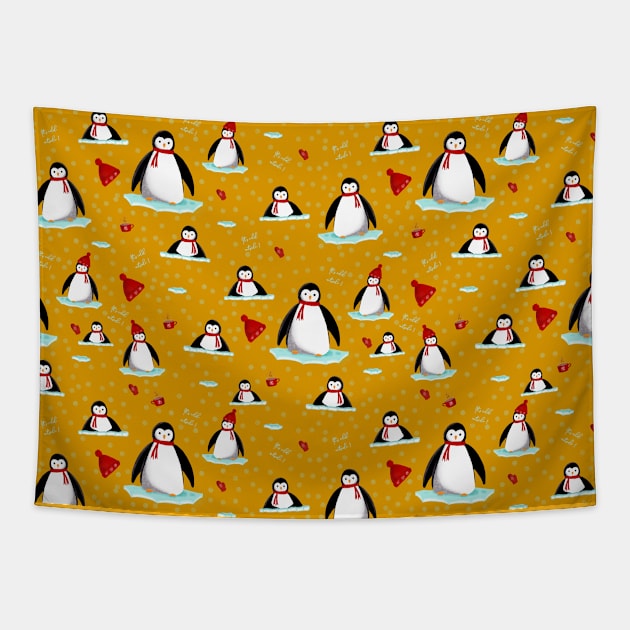 it's cold outside penguins seamless pattern mustard Tapestry by Arch4Design