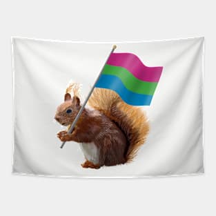 Red Squirrel Holding a Polysexual Pride Flag Tapestry