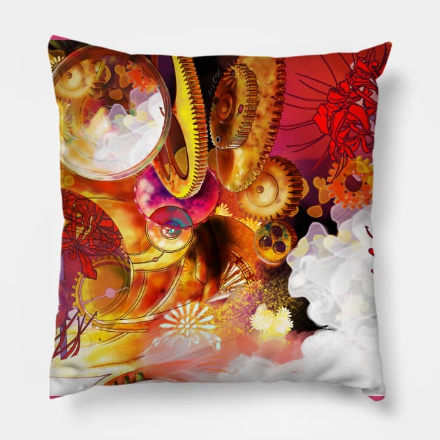 ODE: Ticking still-life with spider lilies and clock gears Pillow by sandpaperdaisy