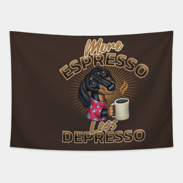 Cute Doxie Dachshund Ready for Morning with Expresso Tapestry by Danny Gordon Art