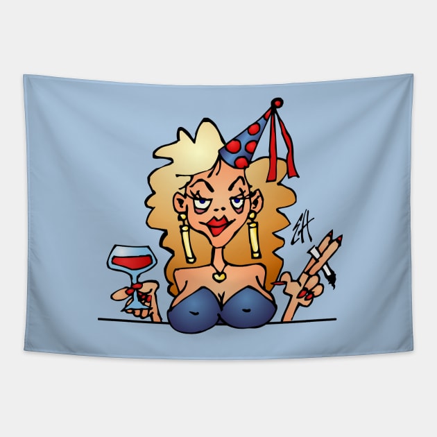 Drunken woman on a birthday party Tapestry by Cardvibes