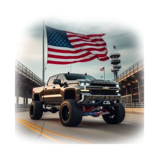 Chevrolet Silverado and The American Flag by Gas Autos T-Shirt