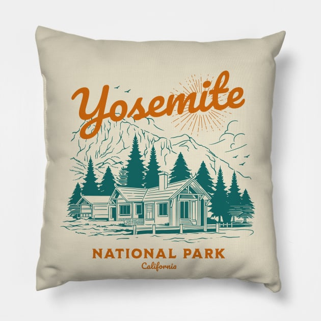 Yosemite National Park Retro Vintage Camping Pillow by PUFFYP