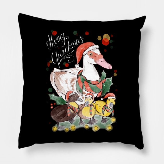 Merry quackmas dark Pillow by Jurassic Ink