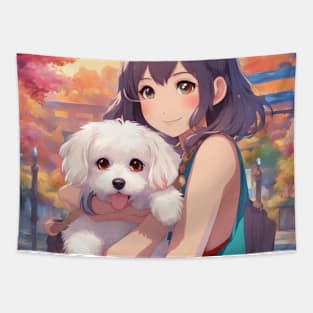 Anime Girl with a cute Dog #001 Tapestry