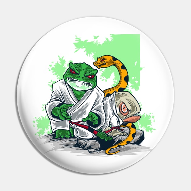 Crazy Kung fu Frog Snake and Fish Graphic Print Pin by DanDesigns