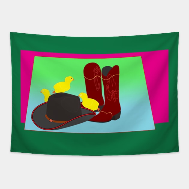 Cowboy boots, hat and chicken Tapestry by momomoma