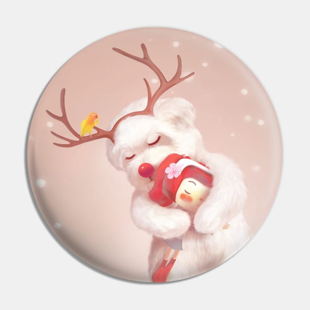 Little Girl Hugging Dog in Reindeer Antlers Pin by zkozkohi