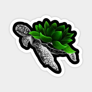 Detailed Sea Turtle with Neon Lotus Flower as Shell Magnet